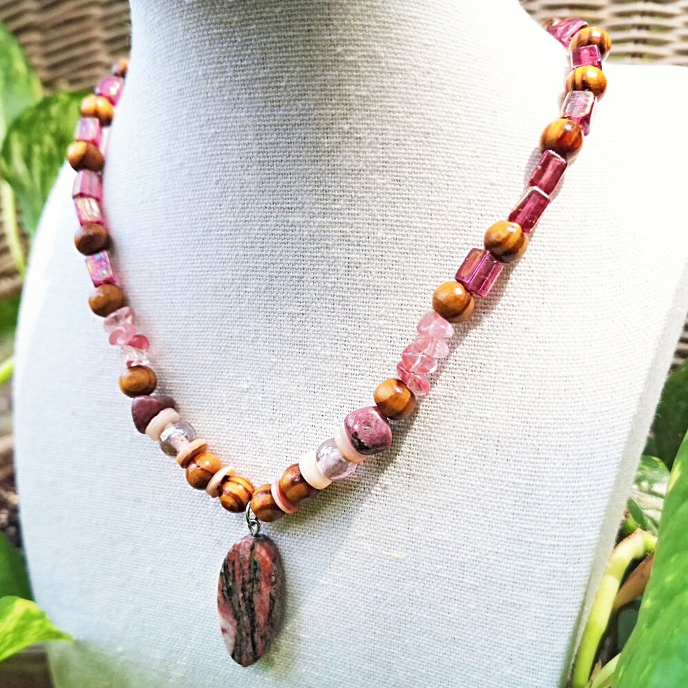 Bohemian Rhodonite Necklace – Pink & Black Gemstone Necklace, Wood Beaded